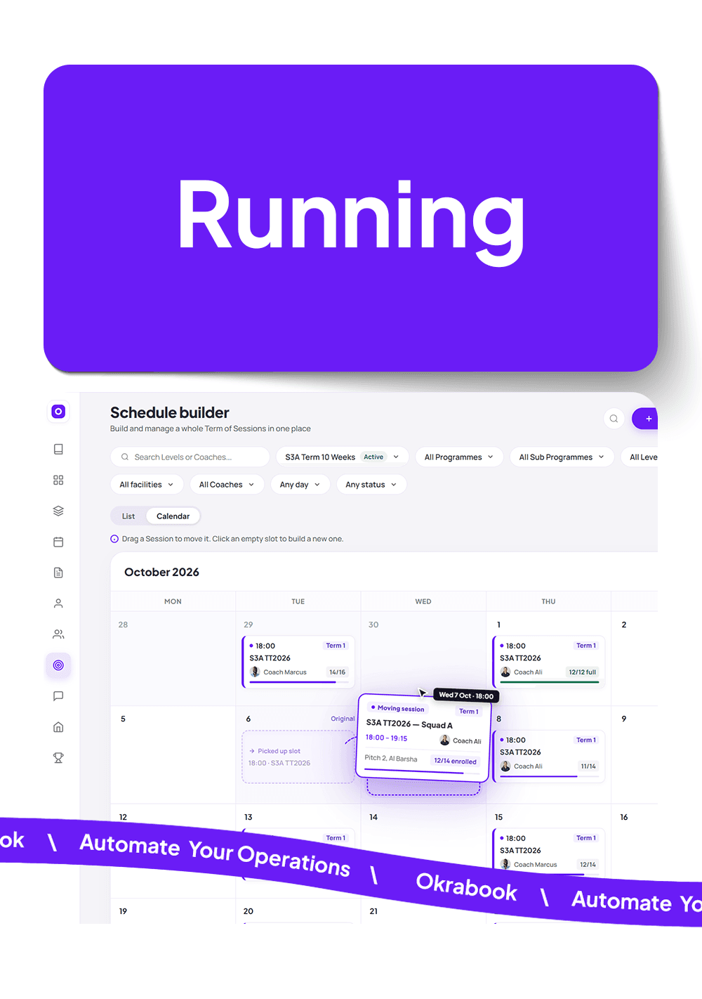 “Running”, over the schedule builder with a term of classes laid out.