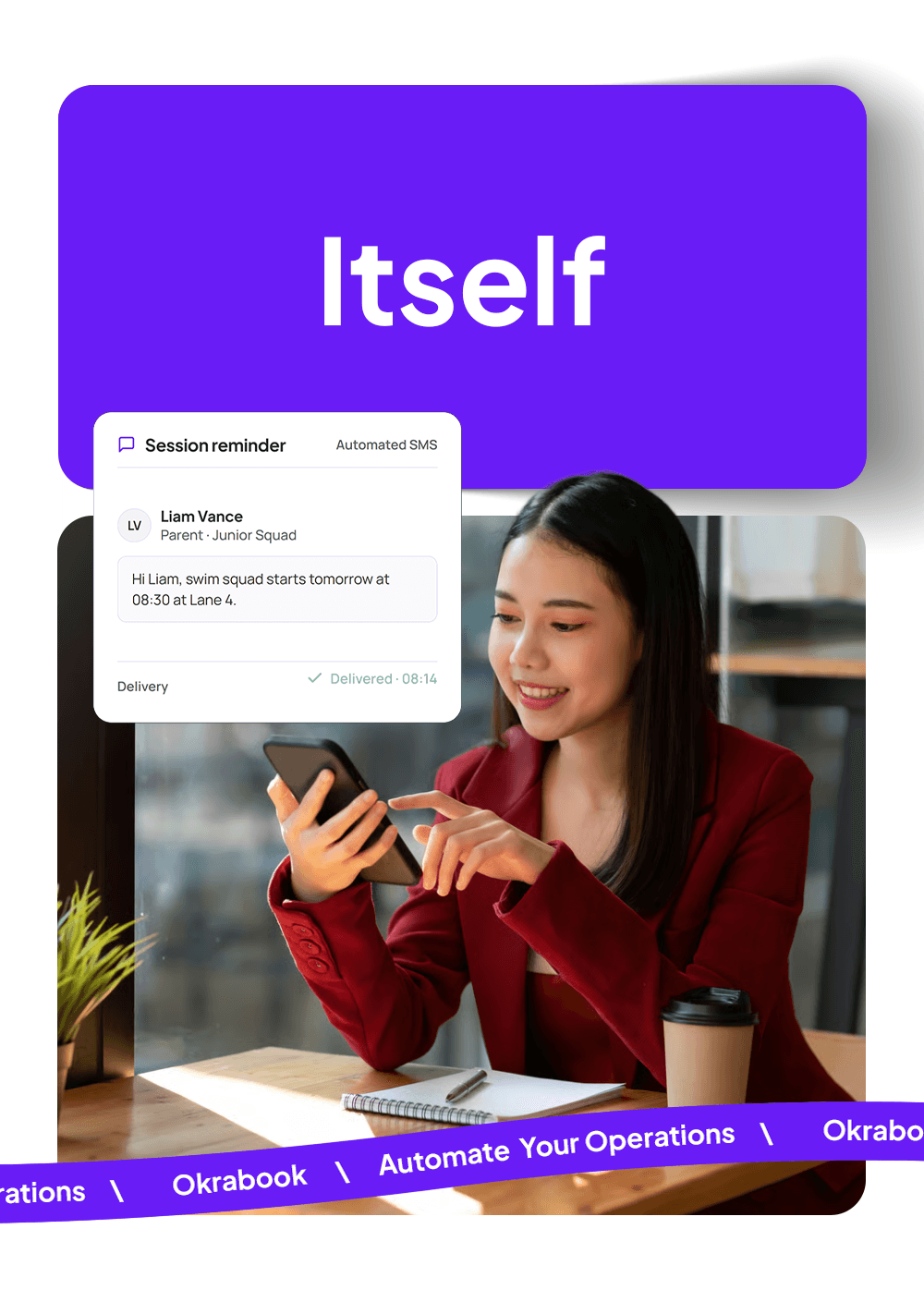 “Itself”, over a parent reading an update from the academy.