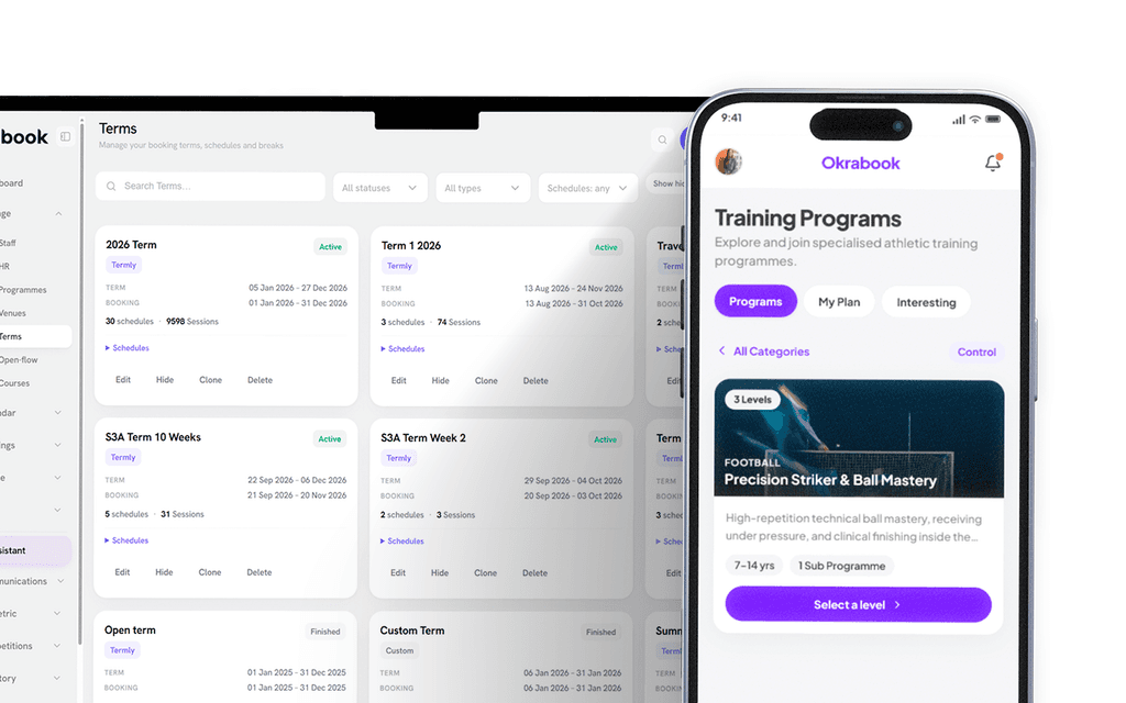 The Terms screen listing an academy’s terms with their schedules and session counts, beside the parent app showing training programmes.