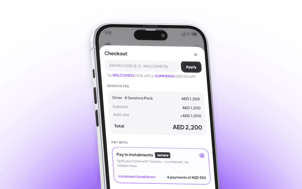 Checkout in the parent app: a voucher field, the session fee broken down, and an instalment option.