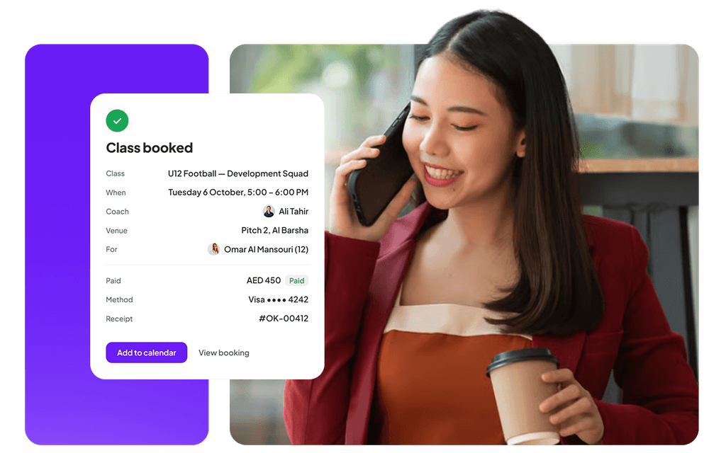 A booking confirmation card — class, time, coach, venue and the payment taken — over a photo of a parent on the phone.
