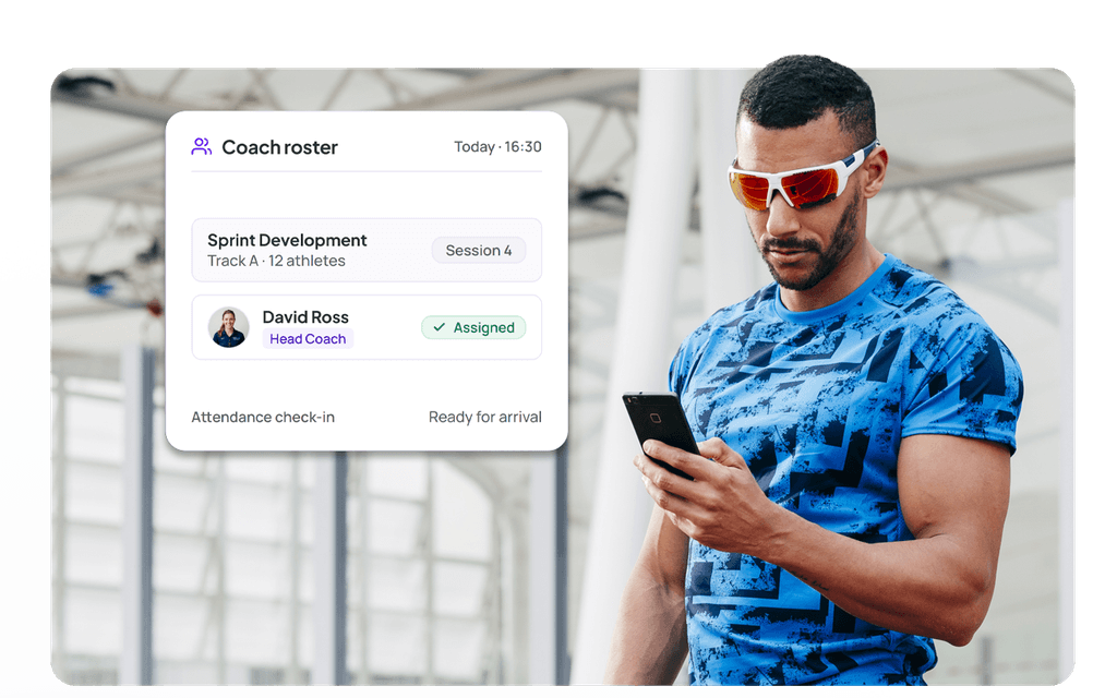 A coach roster card showing the next session, the assigned head coach and attendance check-in.