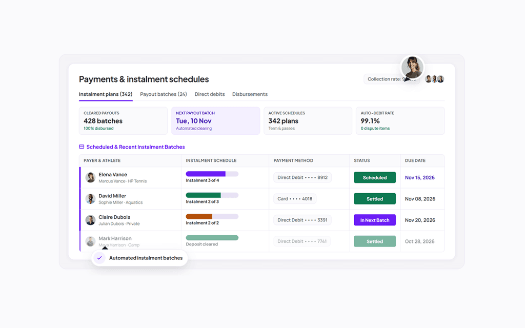 The payments and instalment schedules screen, with each plan’s status, method and due date.