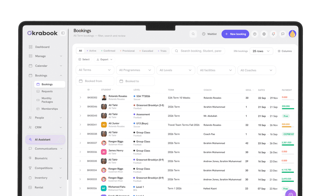 The Okrabook schedule builder, with a term of classes laid out across levels, coaches and facilities.