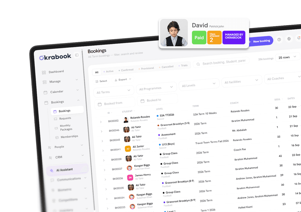 Okrabook automation settings with registration, reminder and recurring billing rules switched on.