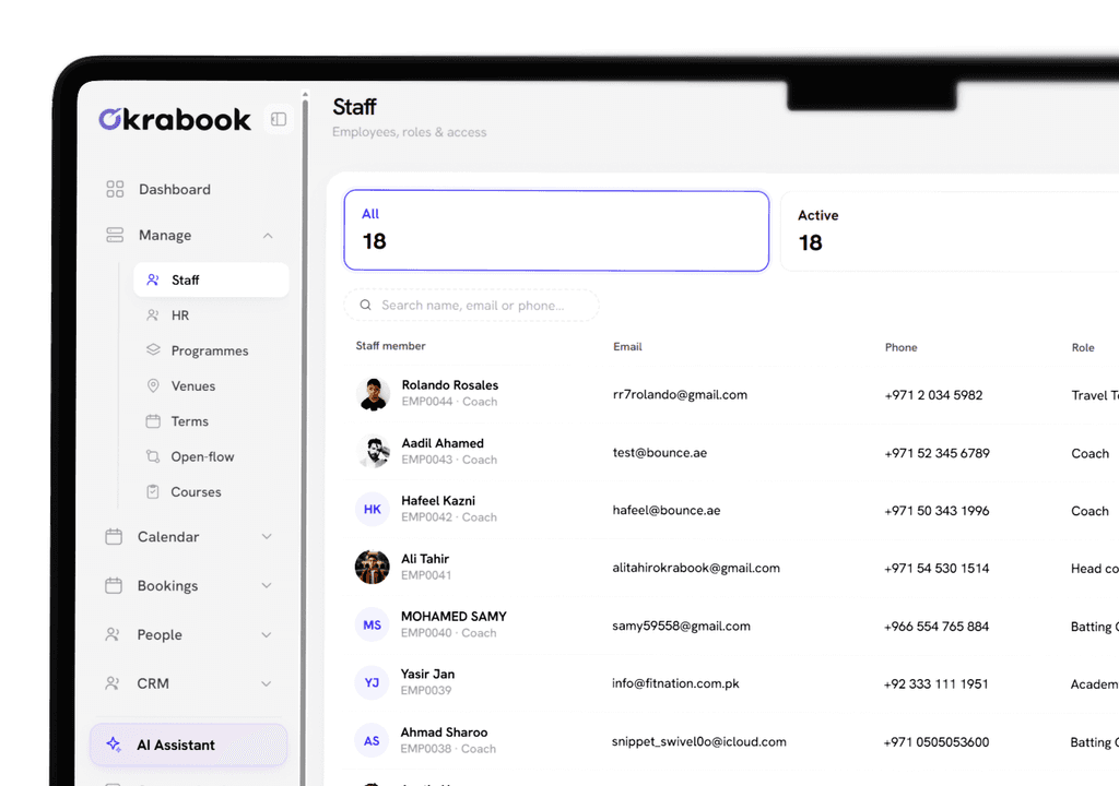 Okrabook coach schedule with assigned sessions, logged hours and a payroll summary.